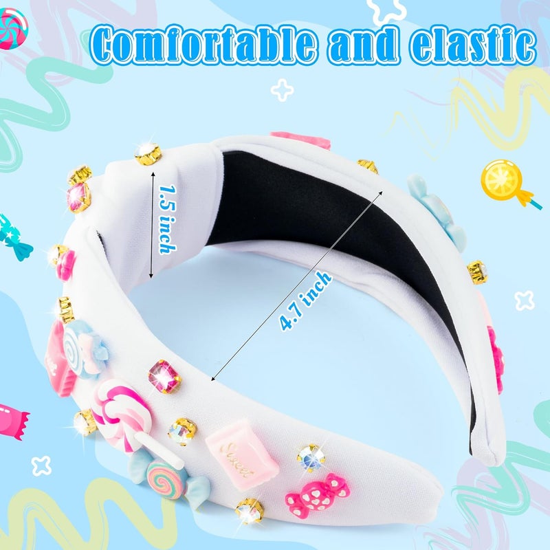 PANTIDE Candy Jeweled Knotted Headband - Christmas Sugar Lollipop Rhinestone Crystal Embellished Preppy Headband Wide Top Knot Fashion Hair Accessories Candyland Birthday Gift for Women Girls (White) - Image 2